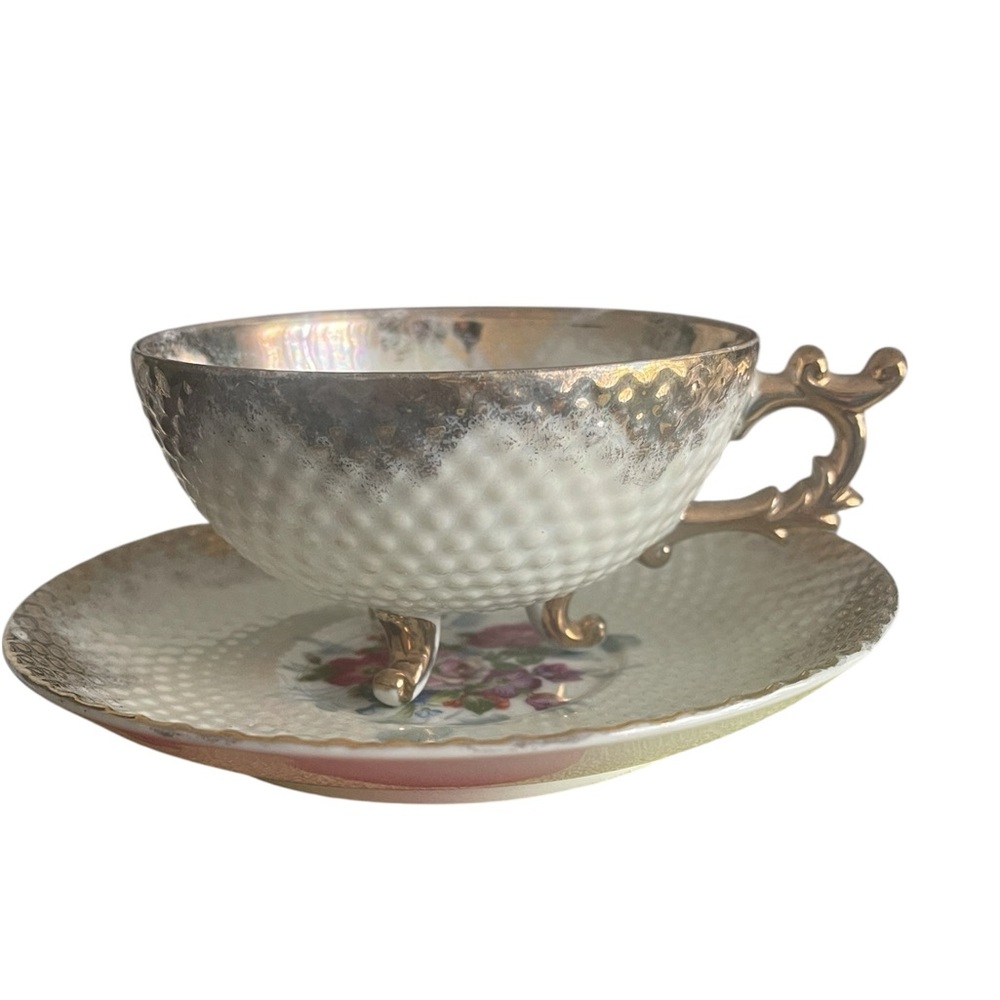 Vintage Lusterware Footed Teacup & Saucer Textured Floral Pearlized Lusture